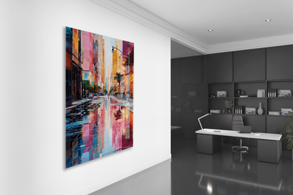 Renkli Modern Şehir Sokağı Cam Tablo – Yansımalı Sokak Manzarası ve Çağdaş Duvar Dekoru - Peony056