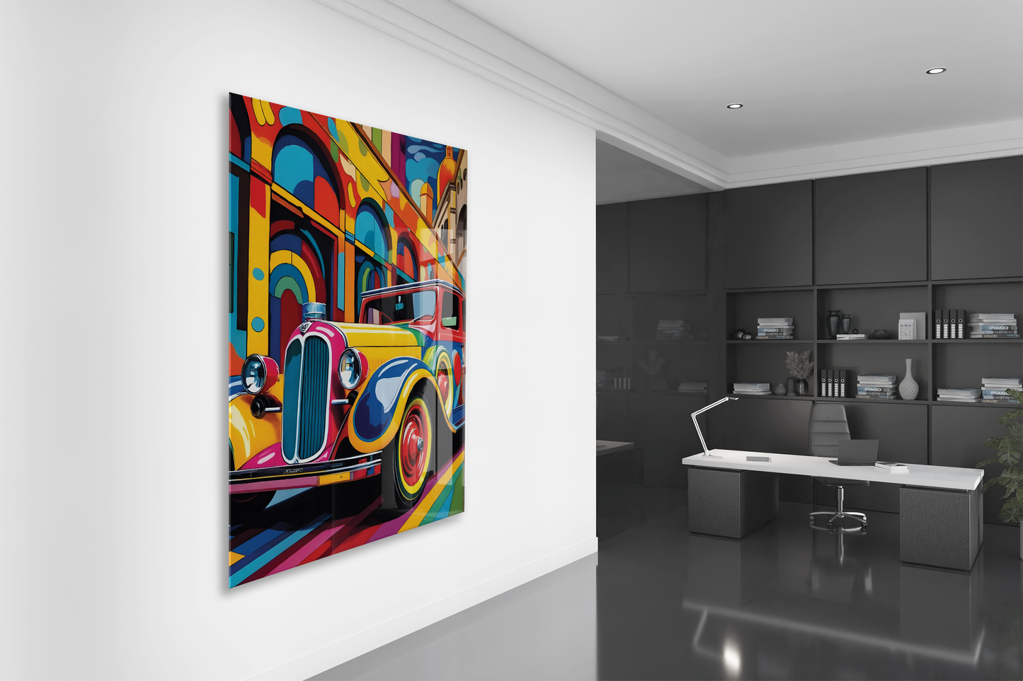 Renkli Klasik Araba Cam Tablo – Retro Otomobil Temalı Modern Pop Art, UV Baskılı Temperli Cam Duvar Tablosu - Peony036