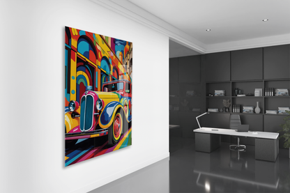 Renkli Klasik Araba Cam Tablo – Retro Otomobil Temalı Modern Pop Art, UV Baskılı Temperli Cam Duvar Tablosu - Peony036