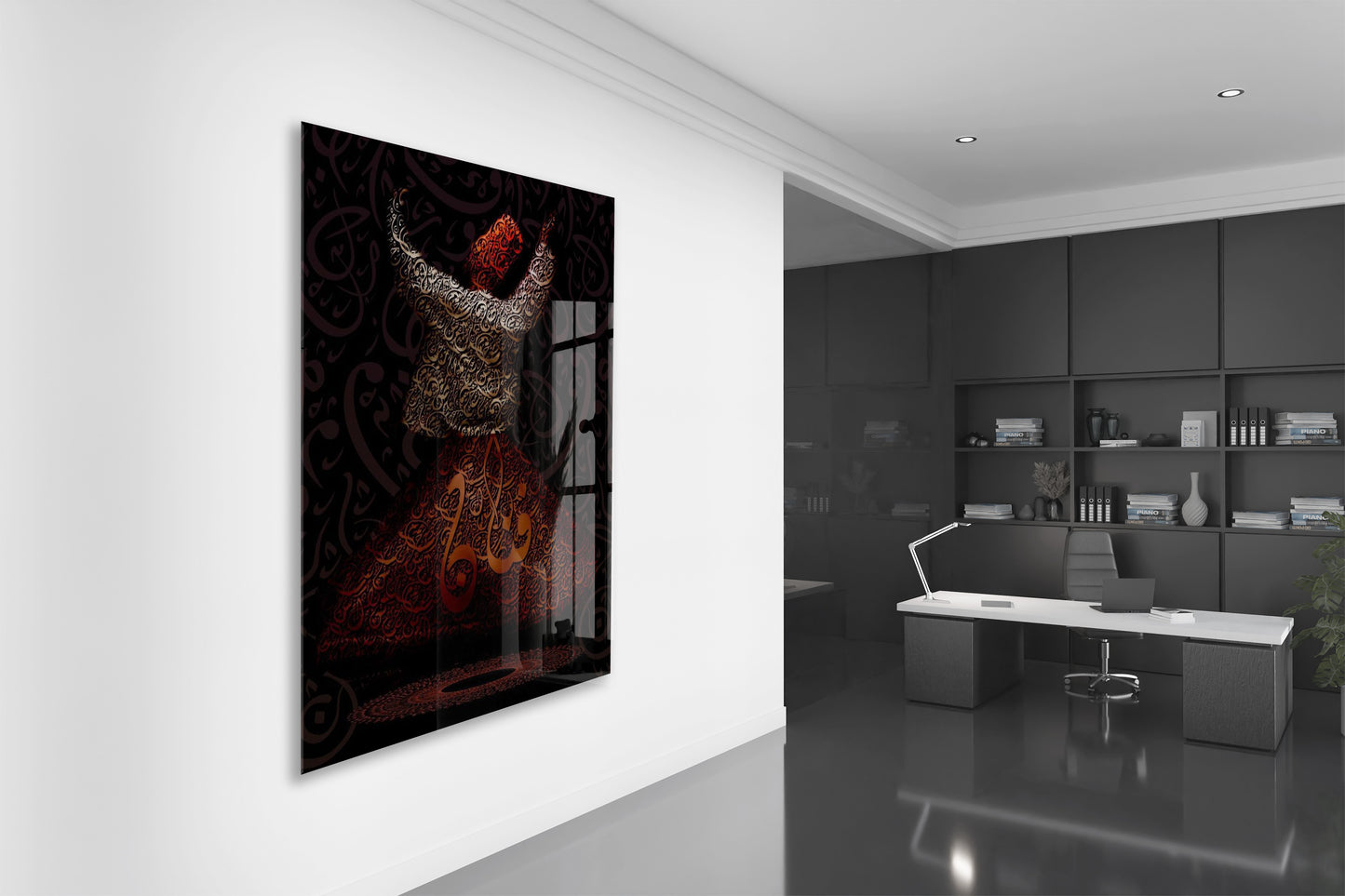 Allah Lafzı ile Sema Eden Mevlevi Derviş Cam Tablo | Tasavvuf Sanatı, İlahi Aşk ve Zikir Temalı İslami Hat Duvar Dekoru - PeonyDini0105