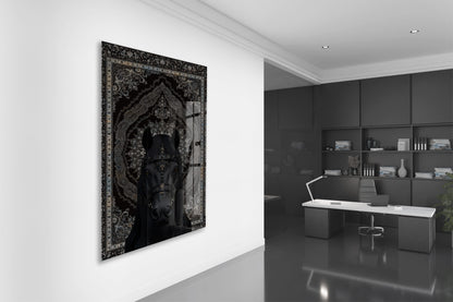 Siyah Asil At Figürlü Cam Tablo – Oryantal Desenli Güç ve Zarafet Temalı Duvar Dekoru - Peony057