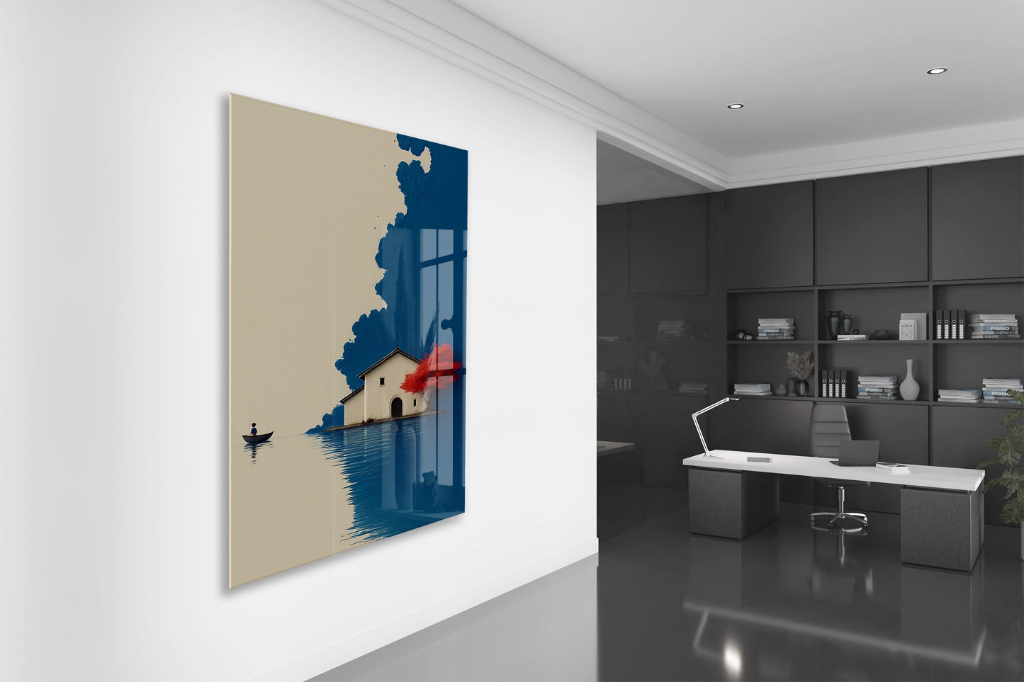 Minimal Göl Evi Manzarası – Kırmızı Ağaçlı Modern Duvar Tablosu - Peony133