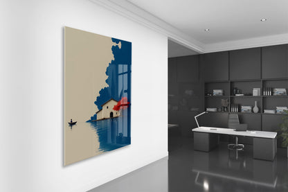 Minimal Göl Evi Manzarası – Kırmızı Ağaçlı Modern Duvar Tablosu - Peony133