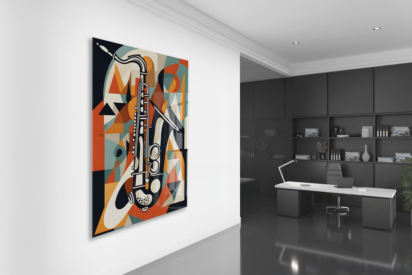 Soyut Saksafon Cam Tablo – Modern Jazz Temalı, UV Baskılı Temperli Cam Duvar Dekoru - Peony041