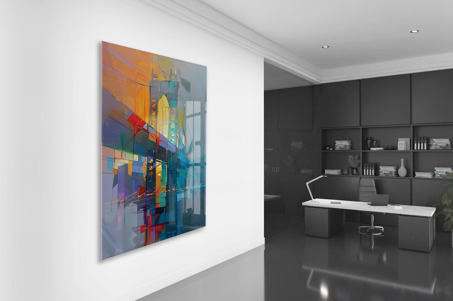 Modern Şehrin Ritmi – Soyut Mimari ve Işık Temalı Cam Tablo- Peony048