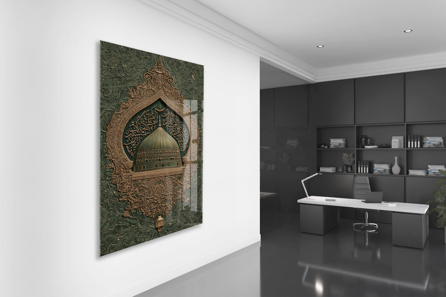 Yeşil Kubbe Cam Tablo | Medine Mescid-i Nebevi Temalı İslami Hat Sanatı, Altın Detaylı Premium UV Baskı Temperli Cam Duvar Dekoru - PeonyDini0102