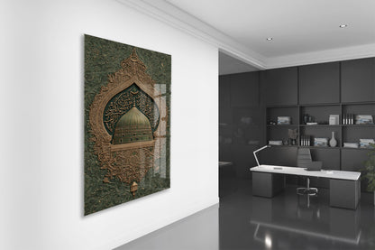 Yeşil Kubbe Cam Tablo | Medine Mescid-i Nebevi Temalı İslami Hat Sanatı, Altın Detaylı Premium UV Baskı Temperli Cam Duvar Dekoru - PeonyDini0102