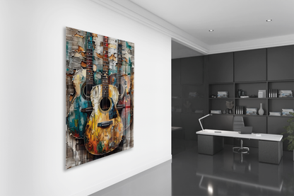 Vintage Gitar Kompozisyonu Cam Tablo – Müzik Temalı Modern Soyut Sanat, Renkli UV Baskılı Temperli Cam Duvar Tablosu - Peony033