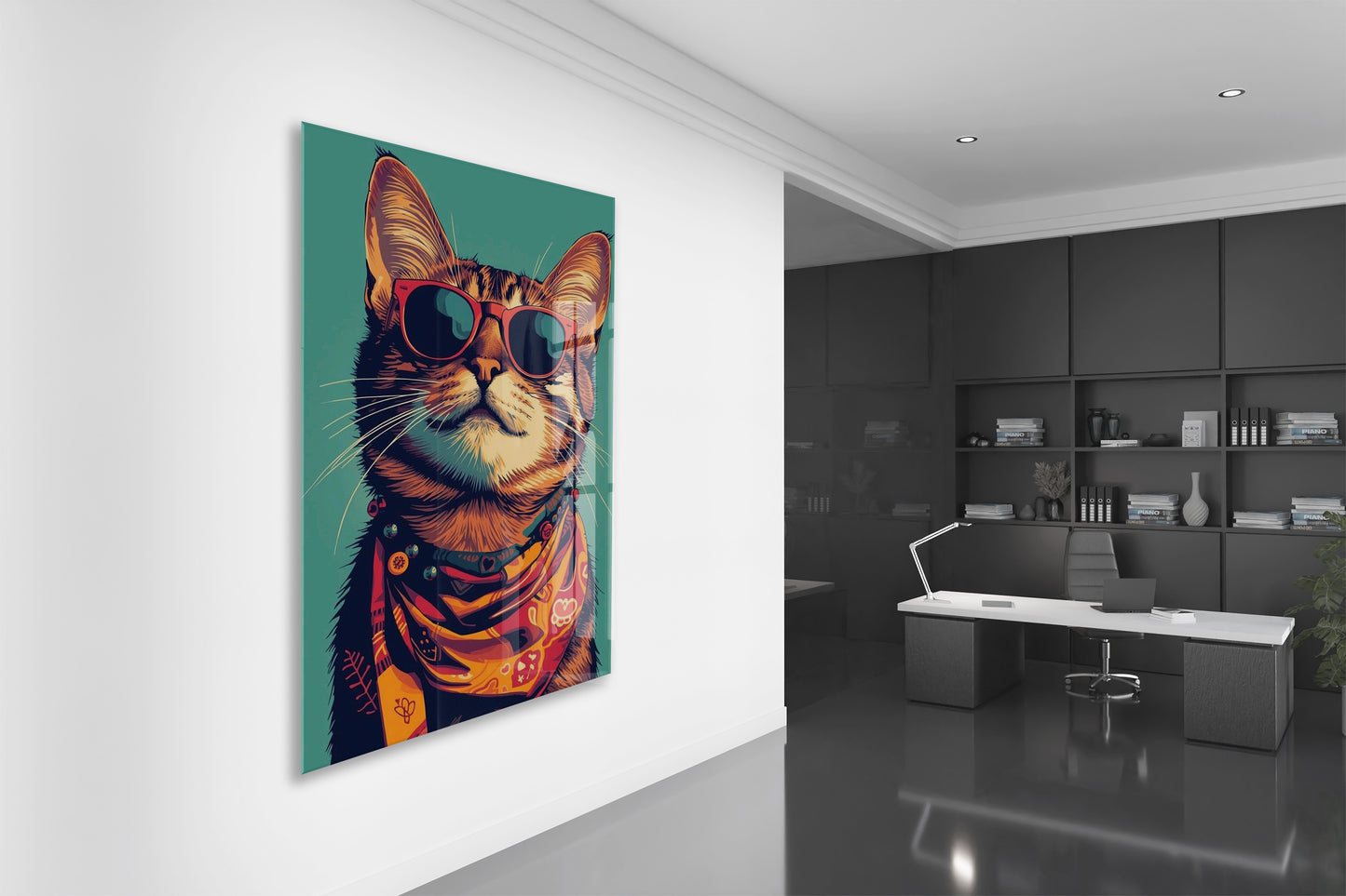 Gözlüklü Hipster Kedi Cam Duvar Tablosu – Modern ve Cool Tasarım - Peony129