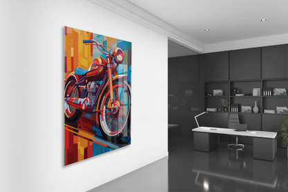 Retro Motosiklet Cam Tablo – Modern Geometrik Stil, Renkli UV Baskılı Temperli Cam Duvar Tablosu - Peony039