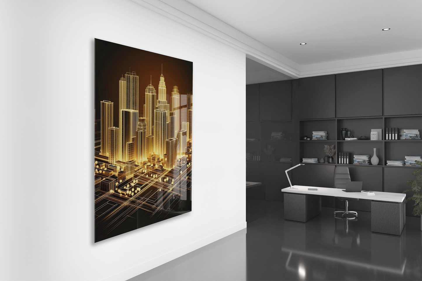 Modern Altın Şehir Silüeti Cam Baskı Tablo | 4mm Temperli Cam, Yüksek Çözünürlüklü UV Baskı, Parlak Yüzey, Ofis ve Salon Duvar Dekoru - Peony046