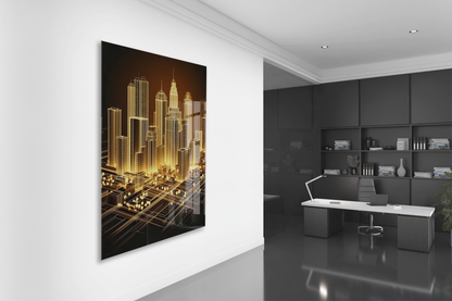 Modern Altın Şehir Silüeti Cam Baskı Tablo | 4mm Temperli Cam, Yüksek Çözünürlüklü UV Baskı, Parlak Yüzey, Ofis ve Salon Duvar Dekoru - Peony046