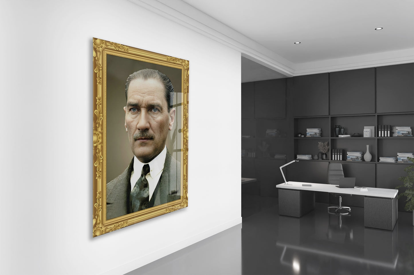 Mustafa Kemal Atatürk Klasik Portre Cam Tablo | Altın Çerçeve Görünümlü 4 mm Temperli UV Baskılı -PeonyAta1311