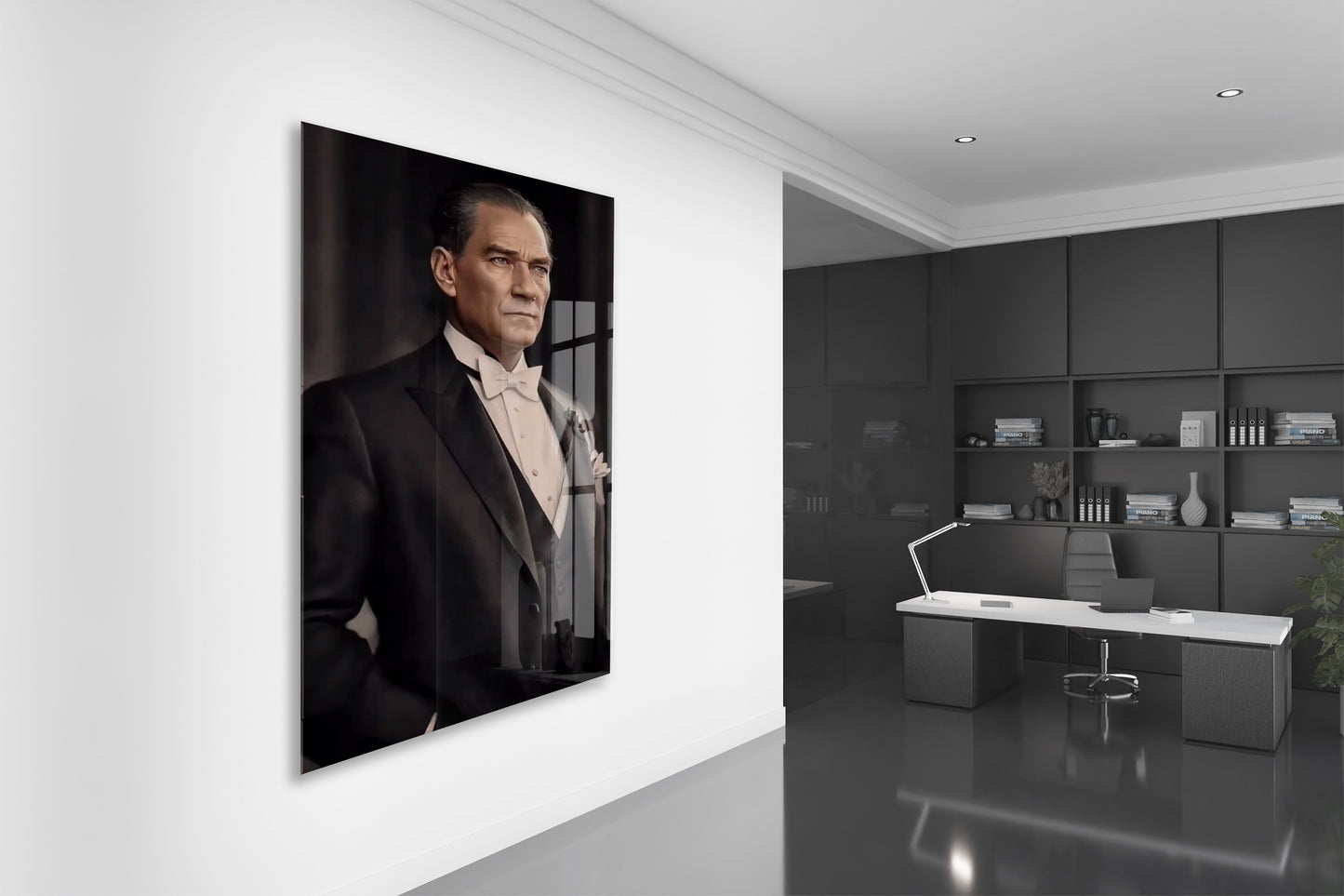 Atatürk Fraklı Cam Tablo – Klasik ve Asil Liderlik Temalı Premium Cam Duvar Tablosu -PeonyAta063