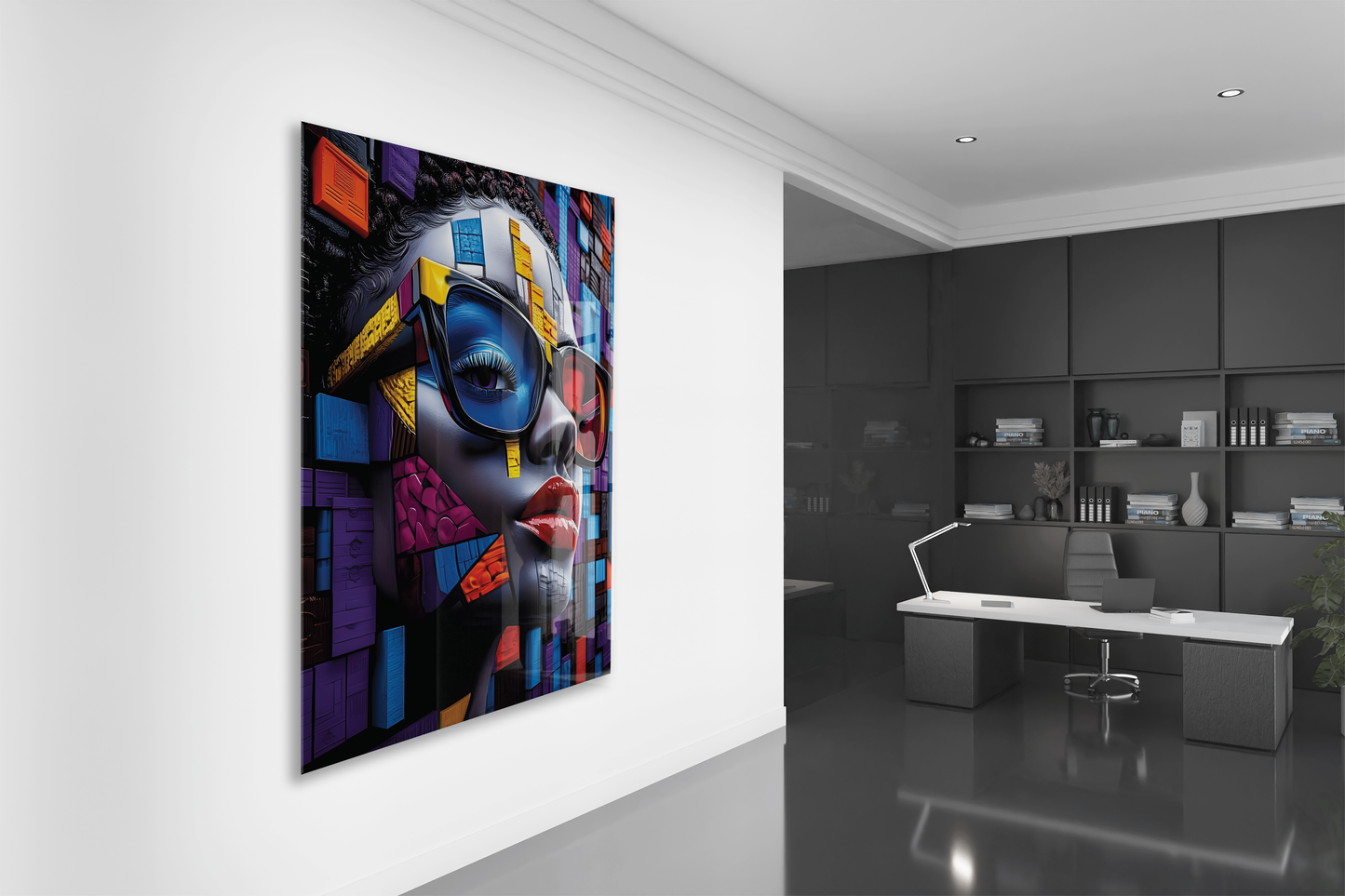 Geometrik Portre Soyut Cam Tablo – Modern Pop Art Stilinde UV Baskılı Temperli Cam Duvar Tablosu - Peony028