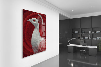 Mistik Kırmızı Arka Planlı Tavus Kuşu Cam Tablo – Lüks ve Sanatsal Duvar Dekoru - Peony083