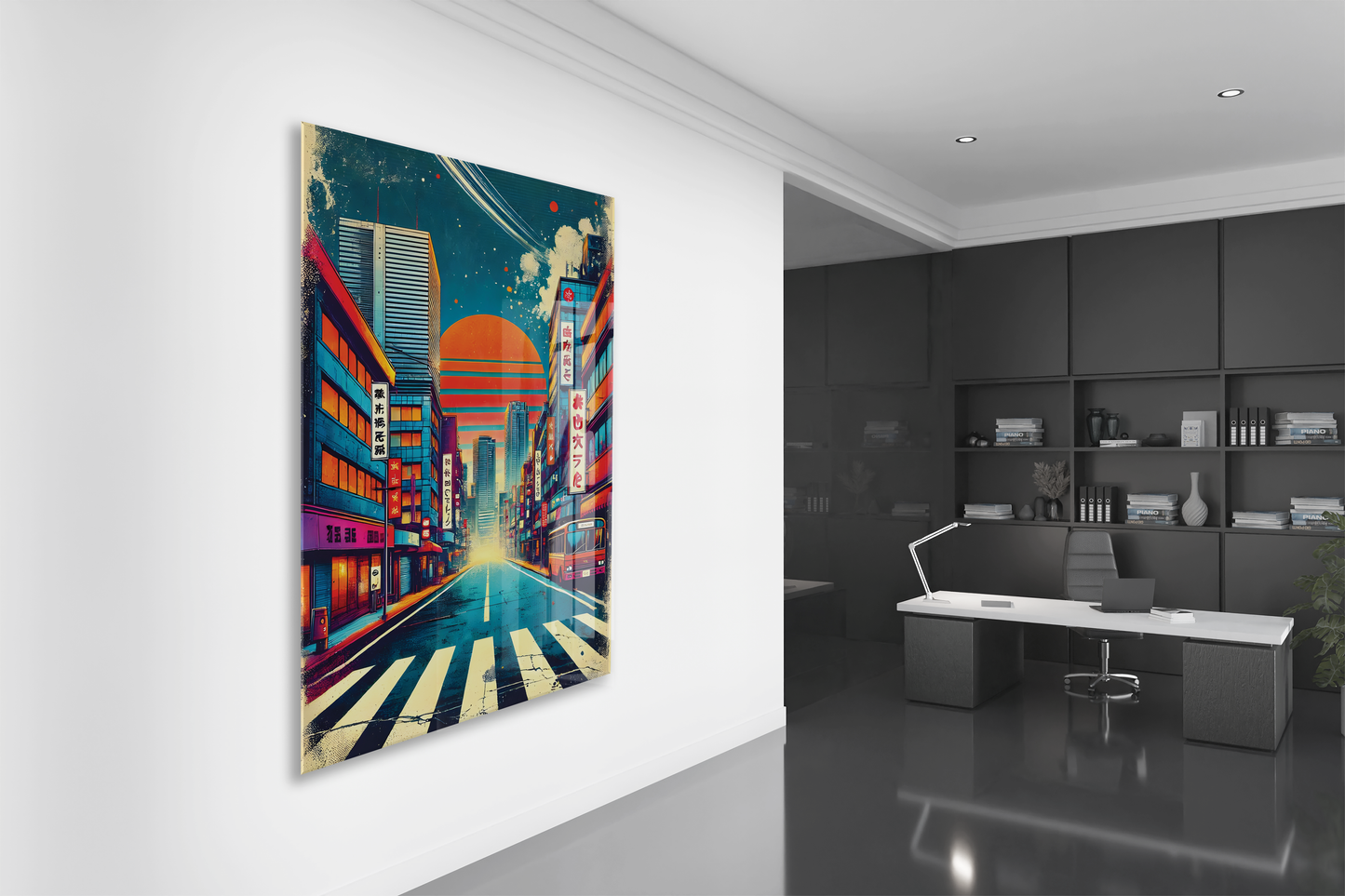 Neon Şehir Sokağı Cam Tablo – Japon Esintili Modern Kentsel Manzara, UV Baskılı Temperli Cam Duvar Tablosu - Peony038