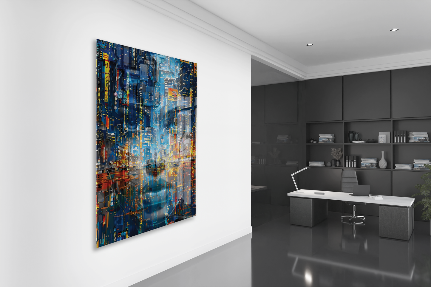 Neon Şehir Yansımaları Cam Tablo – Modern Metropol ve Gece Işıkları Duvar Sanatı - Peony031