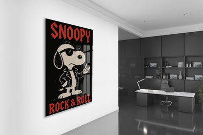 Snoopy Rock & Roll Tasarım Cam Tablo – Genç Odası Duvar Dekoru - Peony108
