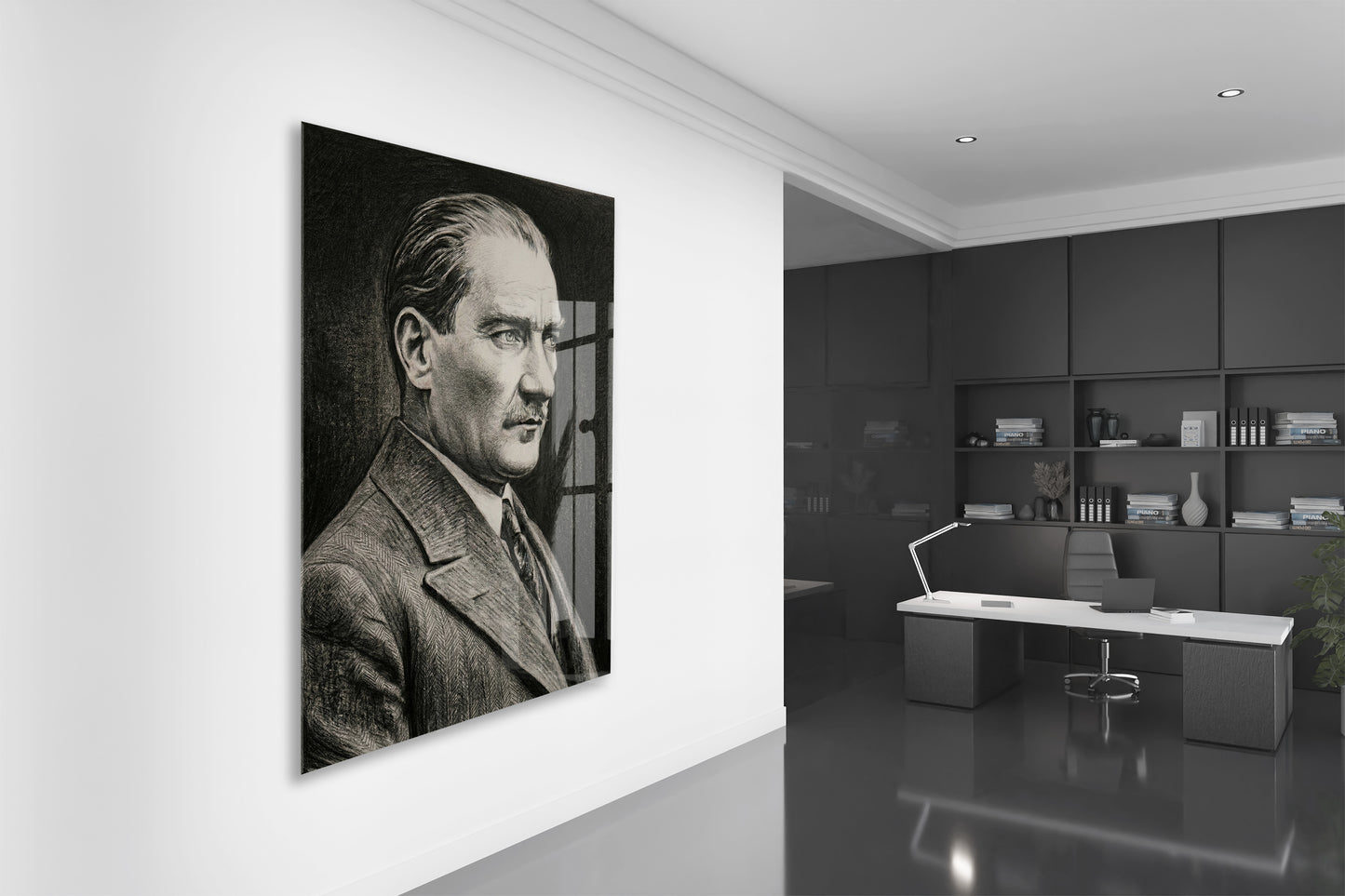Mustafa Kemal Atatürk Karakalem Cam Tablo | Sanatsal 4 mm Temperli UV Baskılı Duvar Dekoru -PeonyAta1307