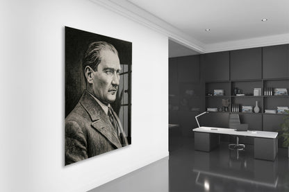 Mustafa Kemal Atatürk Karakalem Cam Tablo | Sanatsal 4 mm Temperli UV Baskılı Duvar Dekoru -PeonyAta1307