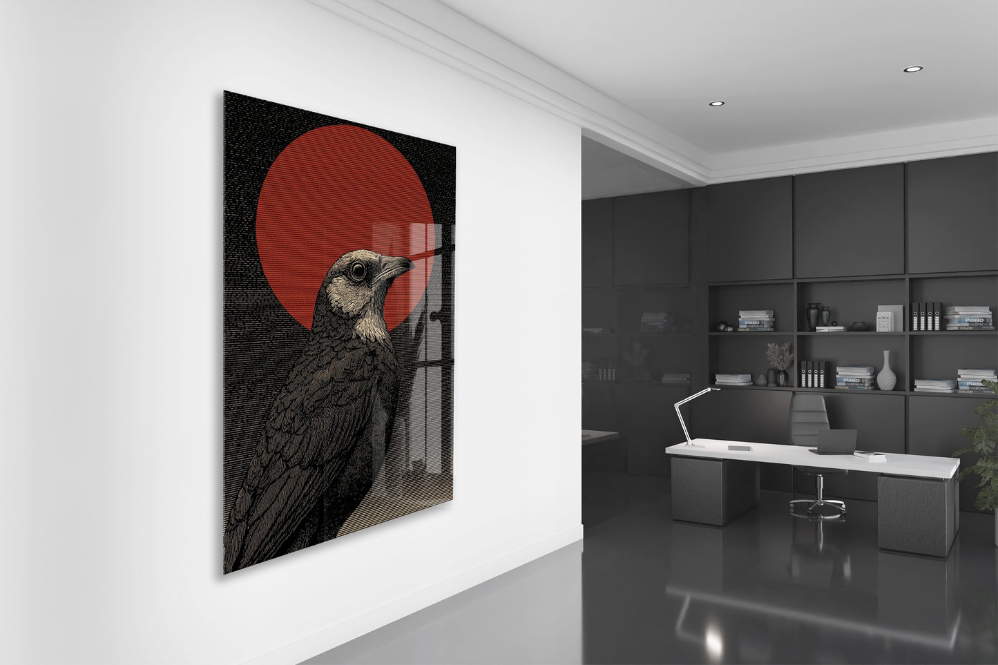 Japon Esintili Kuzgun Cam Tablo – Siyah Zeminli Kırmızı Güneş Temalı Duvar Sanatı - Peony084