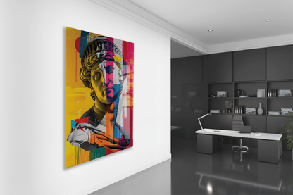 Modern Pop Art Heykel Portre Cam Tablo – Renkli Sanat Temalı UV Baskılı Temperli Cam Duvar Tablosu - Peony010