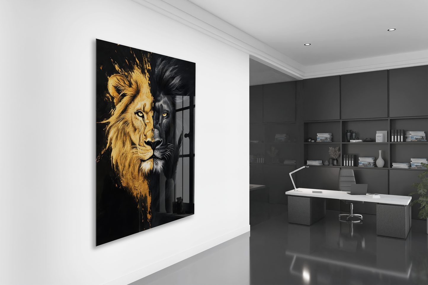 Altın ve Siyah Aslan Cam Tablo – Güç, Asalet ve Modern Sanatı Yansıtan Şık Duvar Dekoru - Peony022