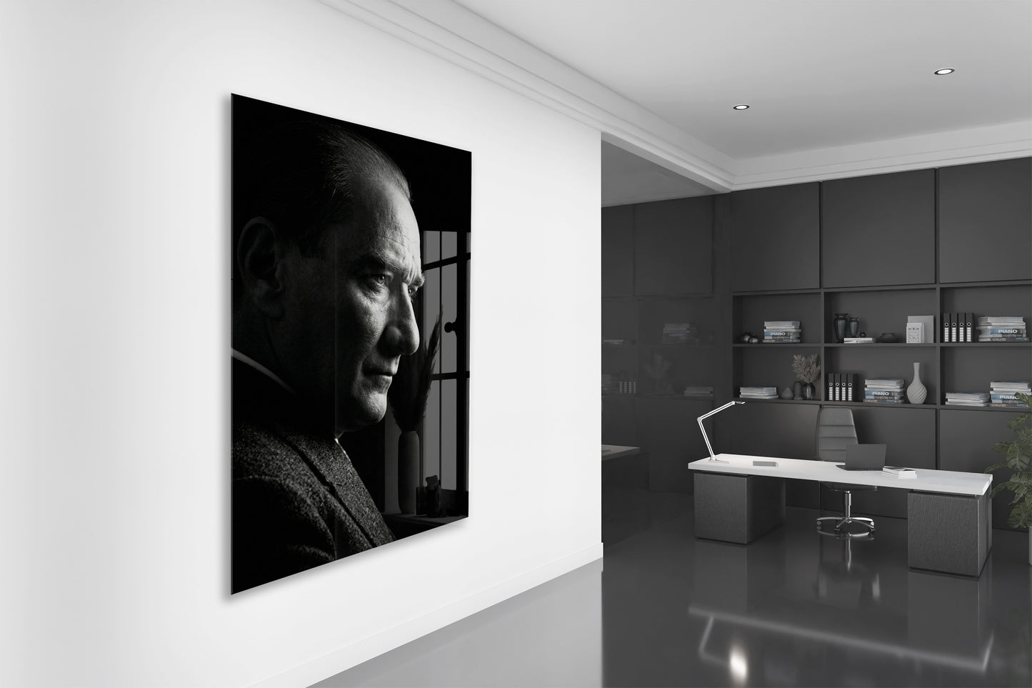 Mustafa Kemal Atatürk Siyah Beyaz Cam Tablo | 4 mm Temperli UV Baskılı Premium Duvar Dekoru-PeonyAta1301