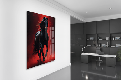 Kırmızı Arka Planlı Siyah At Cam Tablo – Güç ve Özgürlüğü Yansıtan Modern Sanatsal Duvar Dekoru - Peony021