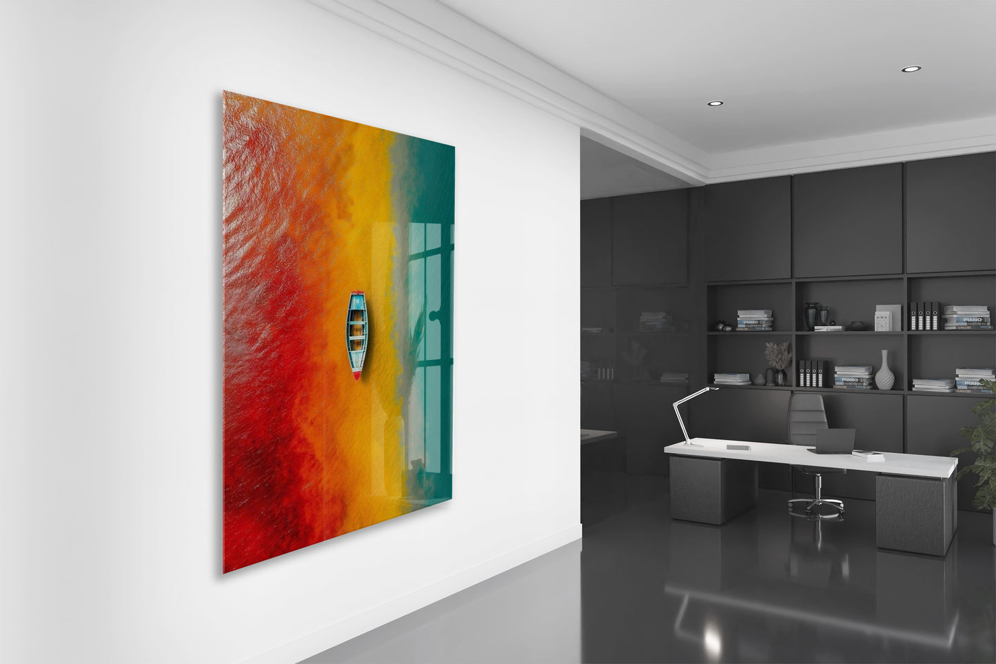 Kırmızı, Sarı ve Turkuaz Geçişli Deniz – Minimal Tekne Duvar Tablosu - Peony136