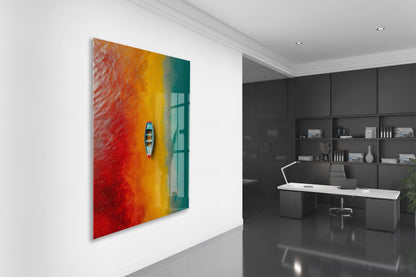 Kırmızı, Sarı ve Turkuaz Geçişli Deniz – Minimal Tekne Duvar Tablosu - Peony136