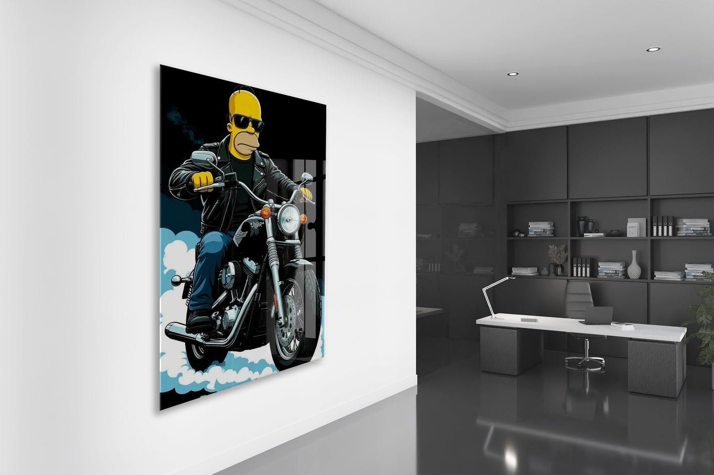 Homer Simpson Harley Tarzı Motor Cam Duvar Tablosu – Modern Erkek Odası Dekoru- Peony111