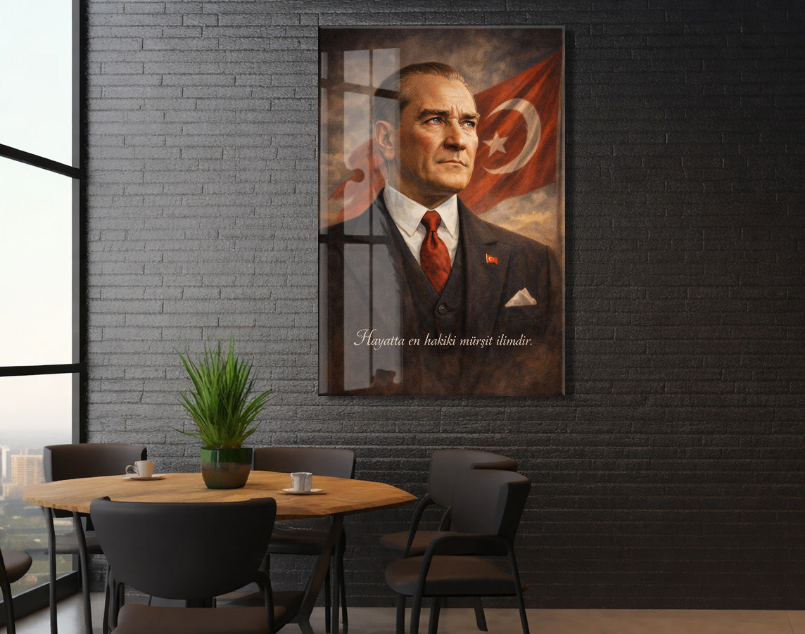 Hayatta En Hakiki Mürşit İlimdir , Mustafa Kemal Atatürk Cam Tablo- PeonyAta001