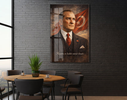 Hayatta En Hakiki Mürşit İlimdir , Mustafa Kemal Atatürk Cam Tablo- PeonyAta001