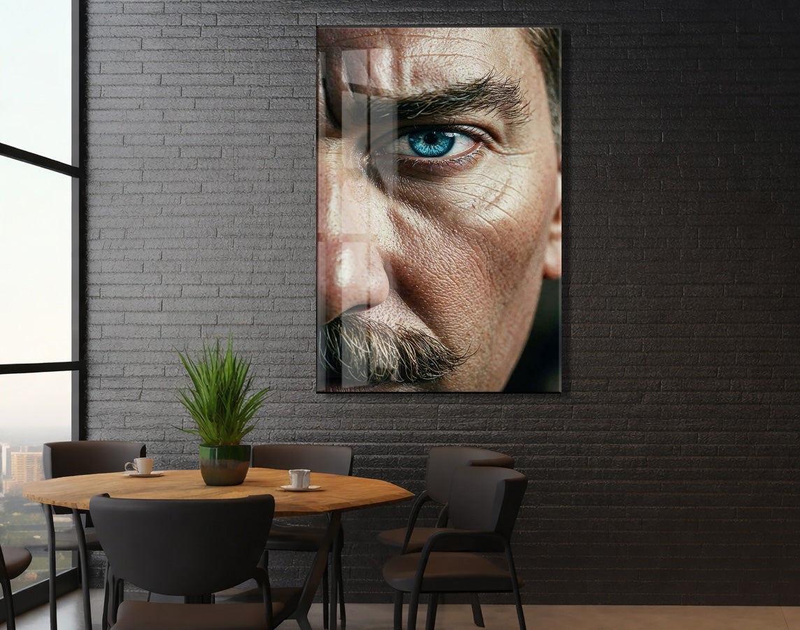 Atatürk Bakışı Cam Tablo – Yakın Plan Portre ile Cumhuriyetin Gücünü Yansıtan Duvar Sanatı -PeonyAta059