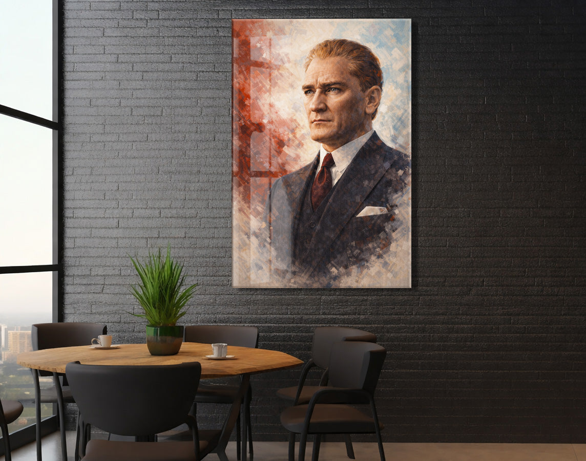Atatürk Portresi Cam Baskı Tablo | Modern Sanatsal Stil, 4mm Temperli Cam, Yüksek Çözünürlüklü UV Baskı, Ofis ve Salon Duvar Dekoru  PeonyAta039