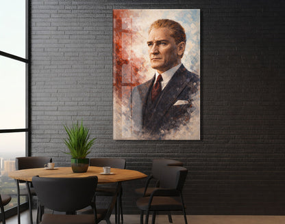 Atatürk Portresi Cam Baskı Tablo | Modern Sanatsal Stil, 4mm Temperli Cam, Yüksek Çözünürlüklü UV Baskı, Ofis ve Salon Duvar Dekoru  PeonyAta039