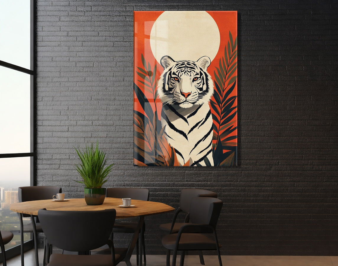 White Tiger Art – Tropikal Yapraklı Minimal Cam Tablo - Peony142