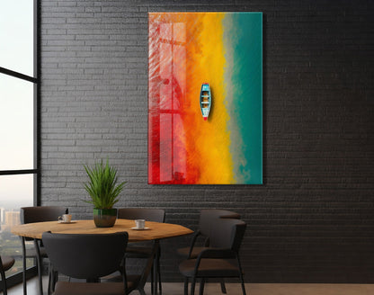 Kırmızı, Sarı ve Turkuaz Geçişli Deniz – Minimal Tekne Duvar Tablosu - Peony136