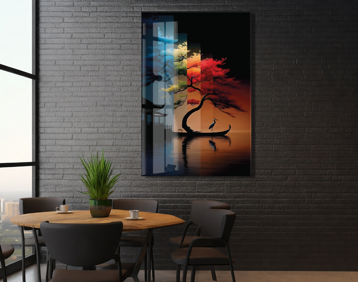 Soyut Portre Cam  Tablo – Renkli Fırça Efektli Sanatsal UV Baskılı Temperli Cam Duvar Tablosu  Modern Soyut Dört Mevsim Ağacı Cam Tablo – Doğa ve Denge Temalı Sanatsal UV Baskılı Temperli Cam Duvar Tablosu - Peony015