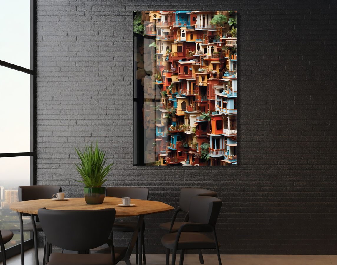 Modern Renkli Şehir Cepheleri Cam Tablo – Mimari ve Kentsel Sanat Temalı UV Baskılı Temperli Cam Duvar Tablosu - Peony019