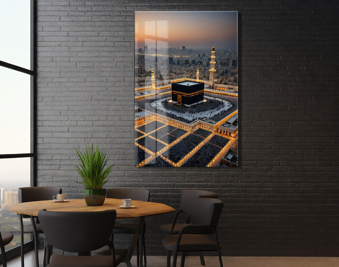 Kâbe ve Mescid-i Haram’da Akşam Vakti – Tavaf Anı Cam Tablo  - PeonyDini129