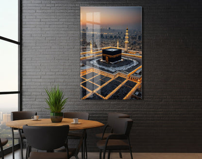 Kâbe ve Mescid-i Haram’da Akşam Vakti – Tavaf Anı Cam Tablo  - PeonyDini129