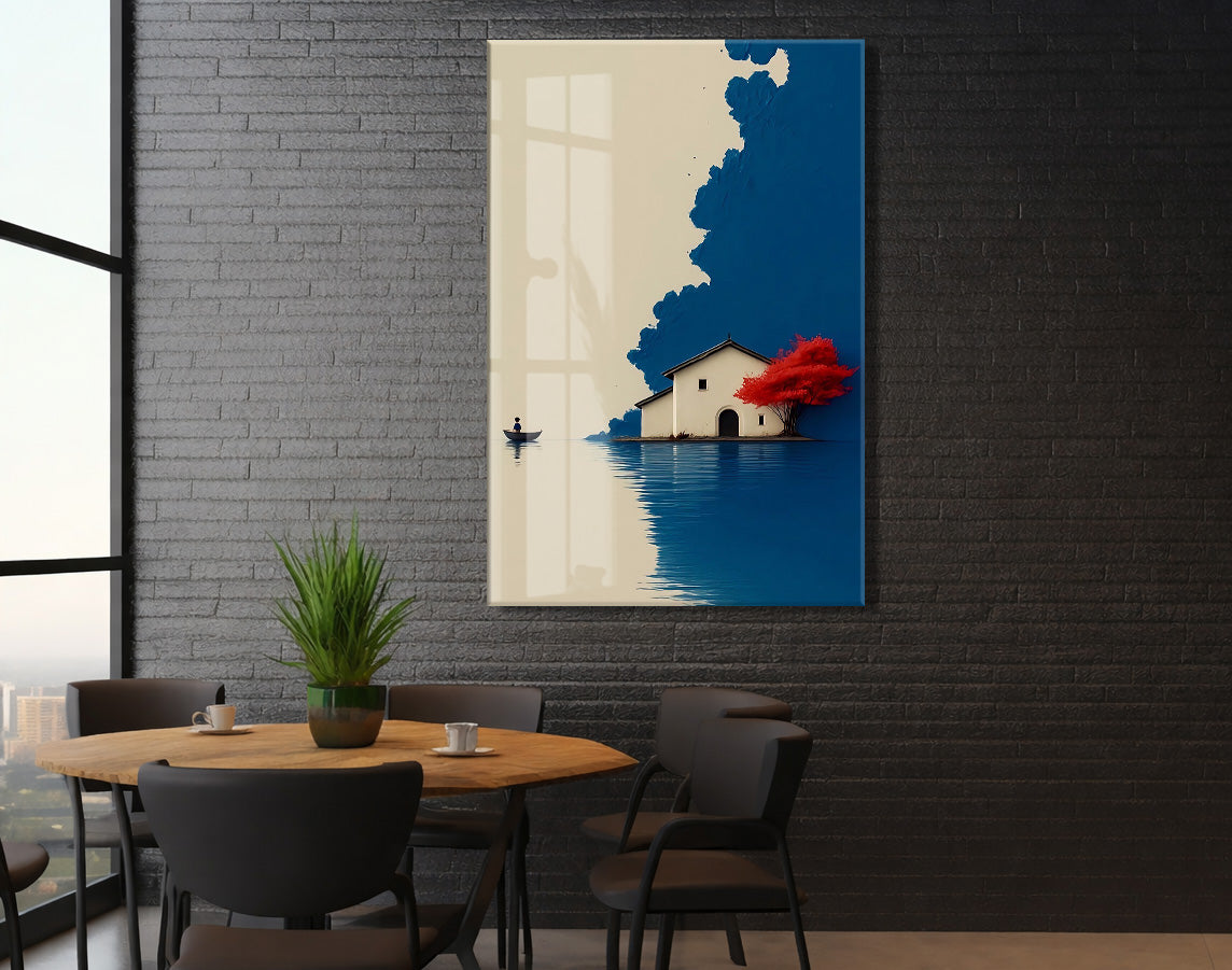 Minimal Göl Evi Manzarası – Kırmızı Ağaçlı Modern Duvar Tablosu - Peony133
