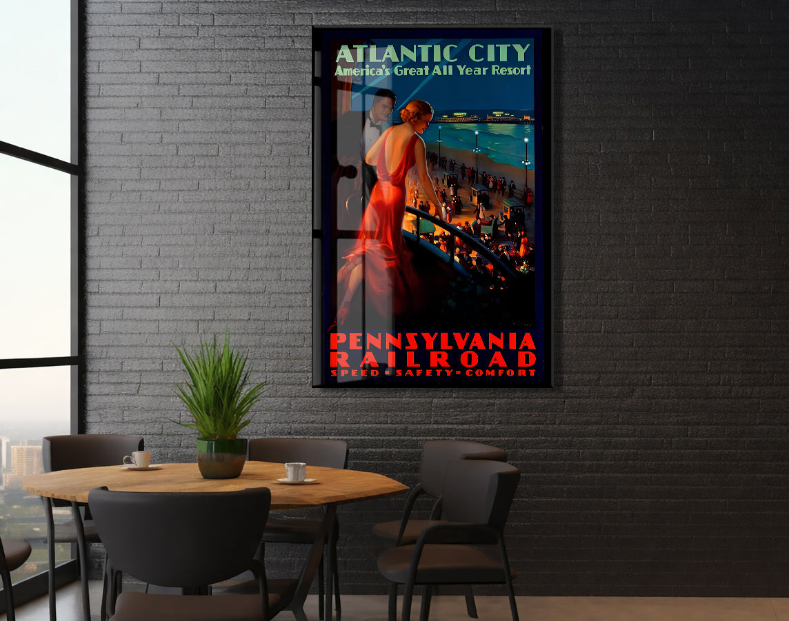 Atlantic City Vintage Cam Tablo | Art Deco Seyahat Posteri UV Baskılı Temperli Cam Duvar Dekoru - Peony152