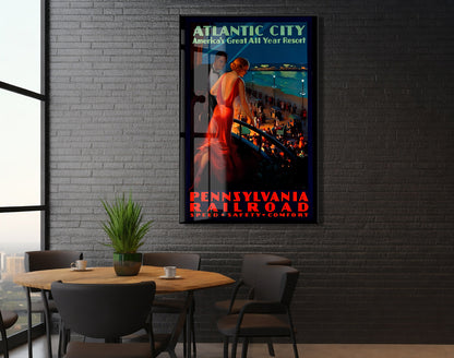 Atlantic City Vintage Cam Tablo | Art Deco Seyahat Posteri UV Baskılı Temperli Cam Duvar Dekoru - Peony152