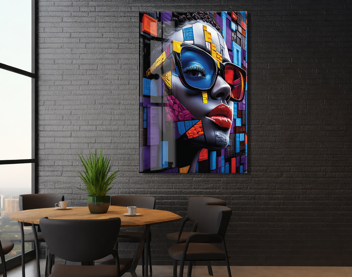 Geometrik Portre Soyut Cam Tablo – Modern Pop Art Stilinde UV Baskılı Temperli Cam Duvar Tablosu - Peony028