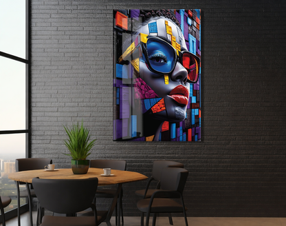 Geometrik Portre Soyut Cam Tablo – Modern Pop Art Stilinde UV Baskılı Temperli Cam Duvar Tablosu - Peony028