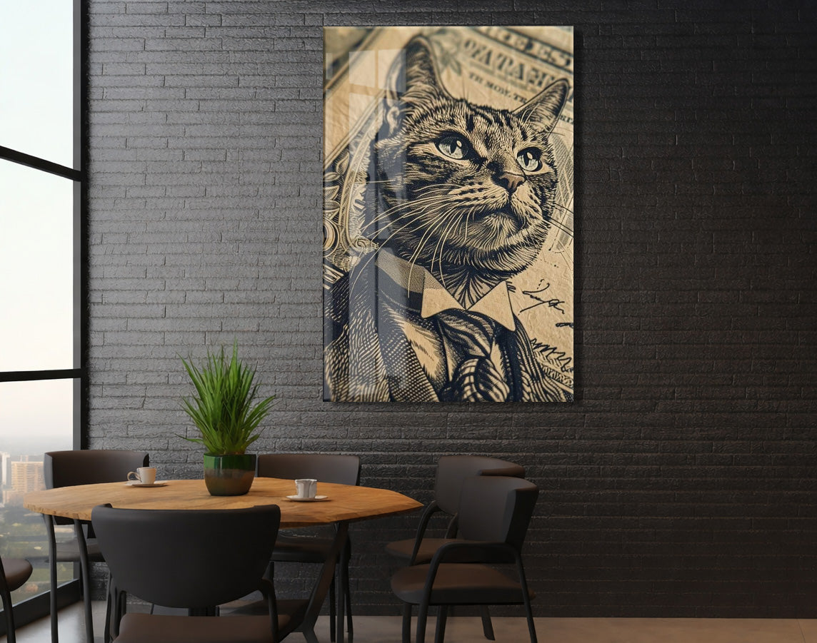 Business Cat Art – Retro Banknot Stil Cam Duvar Dekoru - Peony115